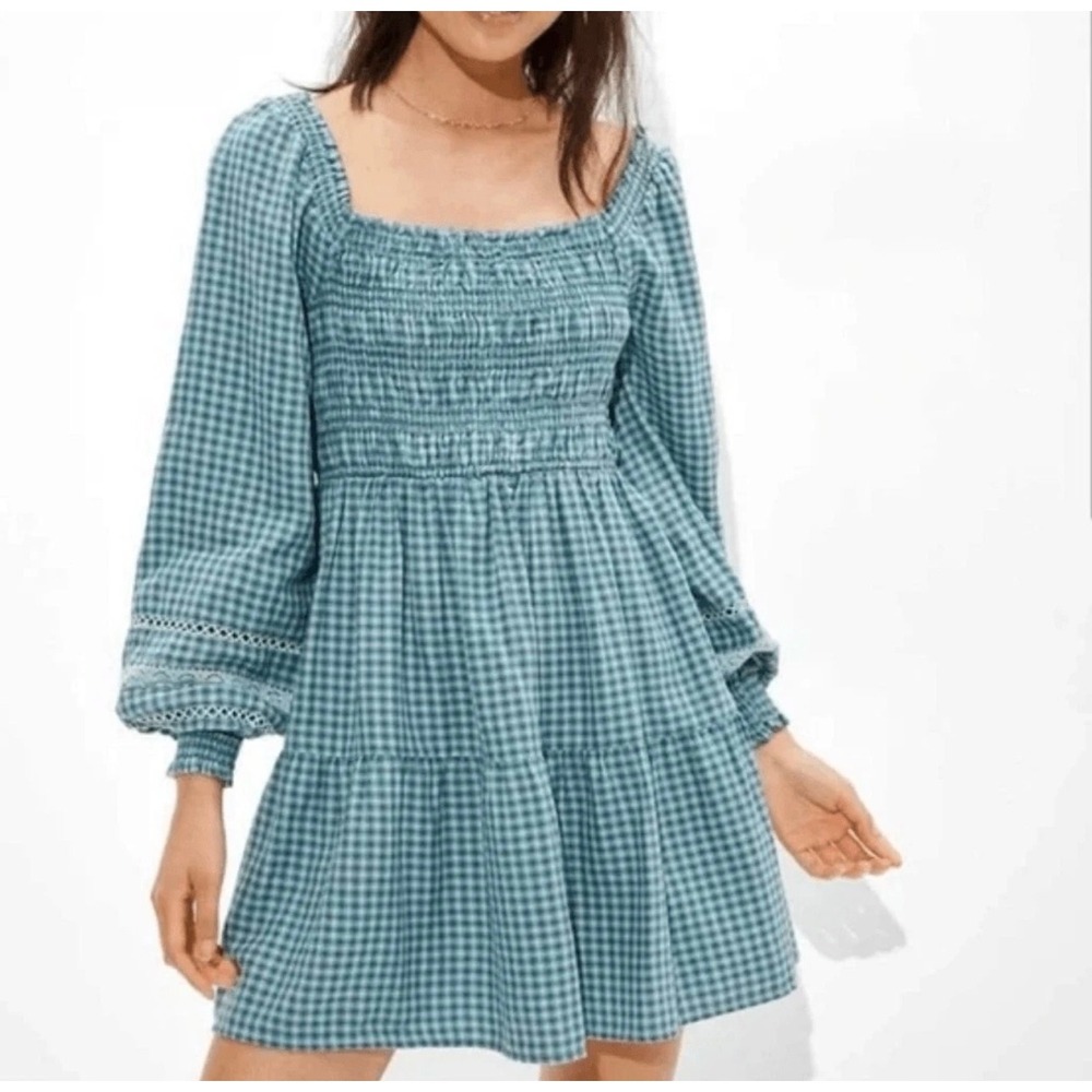 American Eagle Gingham Smocked Mini Dress Women M Teal Blue Long Sleeve Tiered